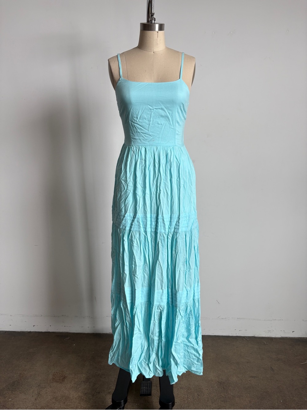 NWOT Lusana Spaghetti-Strap Maxi Dress with Tiered Skirt in Aqua Blue Sz Small